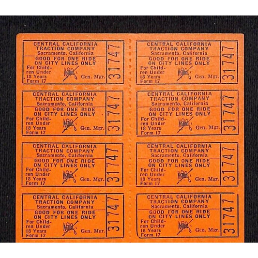 Central California Traction Co (1907-33) Uncut #31747 22-Ticket Sheet VGC