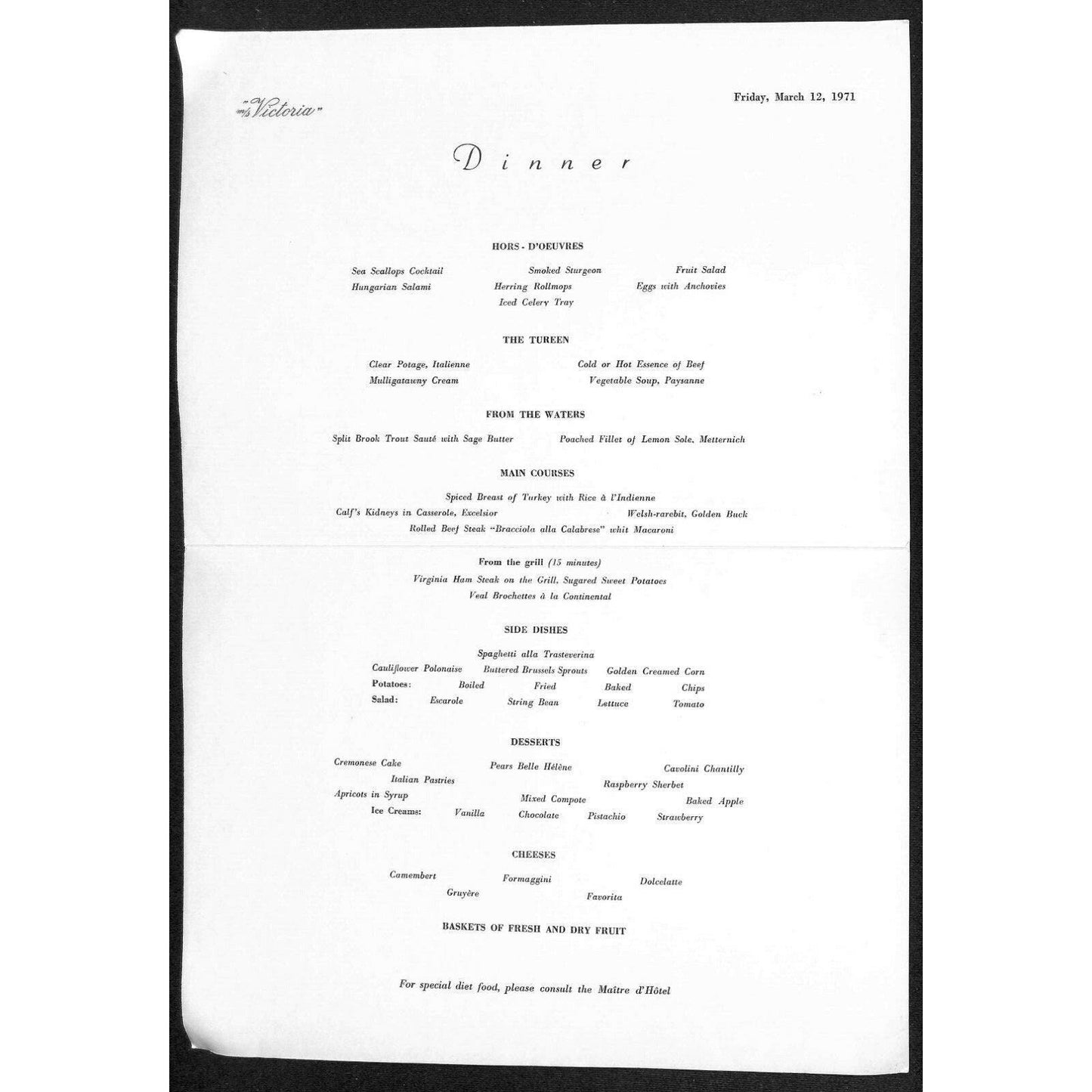 1971 Incres Line Luxury Cruises The Victoria Dinner Menu "Views of Rome" Art
