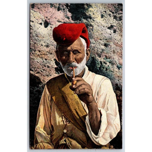 Italian Postcard Old Man Smoking Pipe Outdoors Watching You c1901-1907 NP