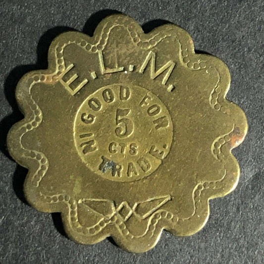 E.L.M. (E.L. McGarity Saloon San Francisco ?) G/F 5c Scalloped Brass Token 25mm