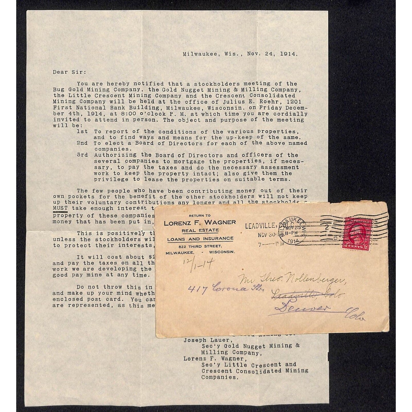 Leadville, CO 1914 Lorenz F. Wagner Real Estate Loans Ins. Letterhead & Cover