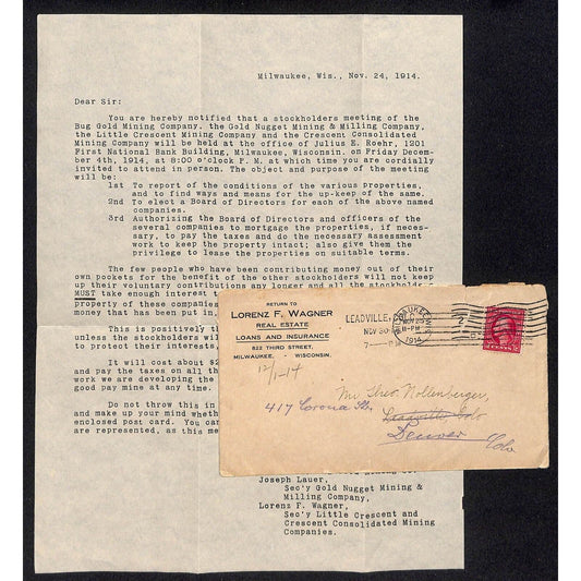 Leadville, CO 1914 Lorenz F. Wagner Real Estate Loans Ins. Letterhead & Cover