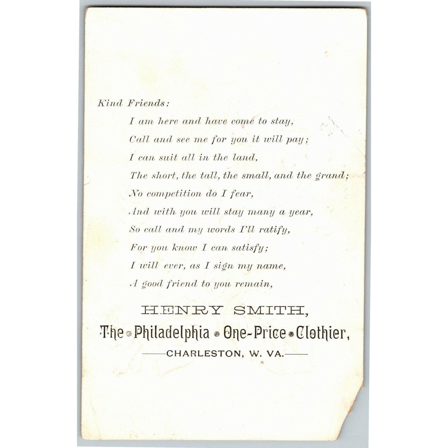 1884 Henry Smith, Clothier, Charleston, W. VA. Large Victorian Trade Card