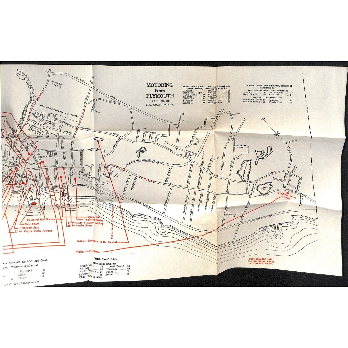 "Motoring from Plymouth All Good Macadams Roads" MASS. Map 1931 VGC Scarce