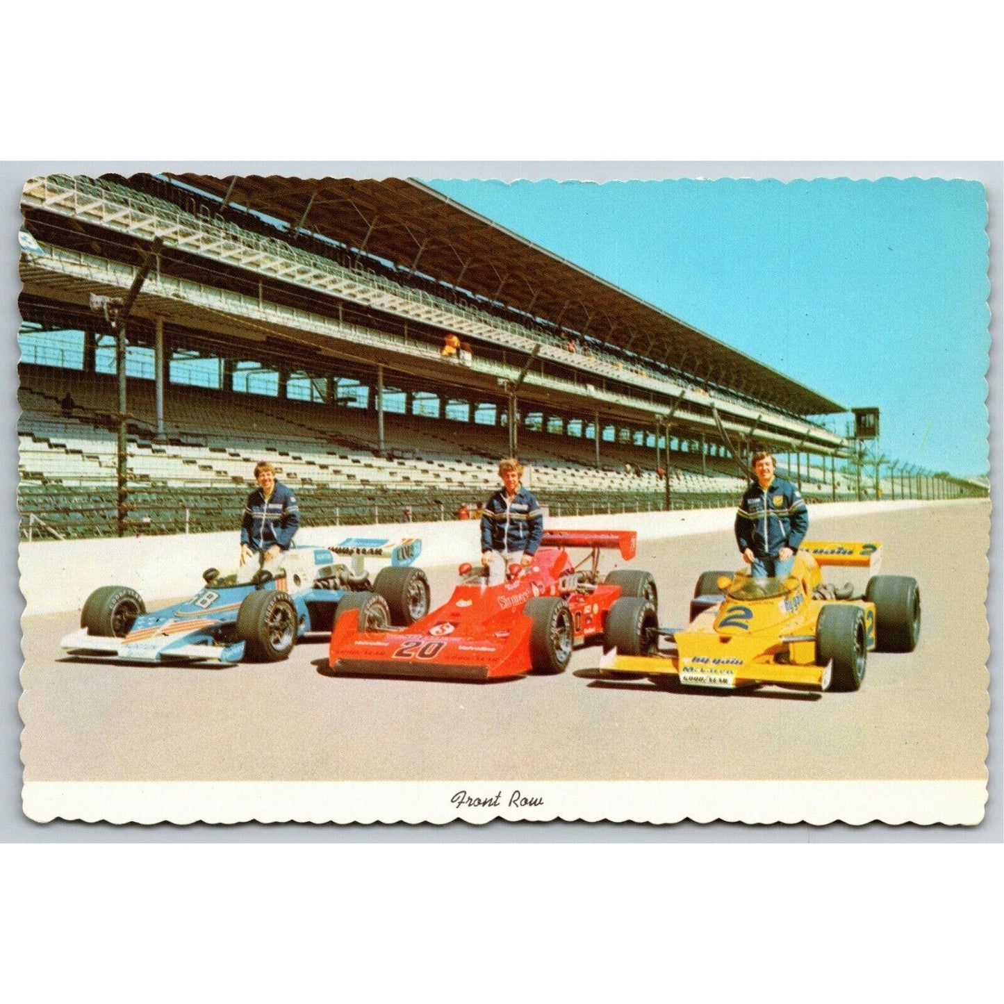 Vintage Indy 500 Postcard c1976 "Front Row" Scalloped NOS 4" x 5 3/4"