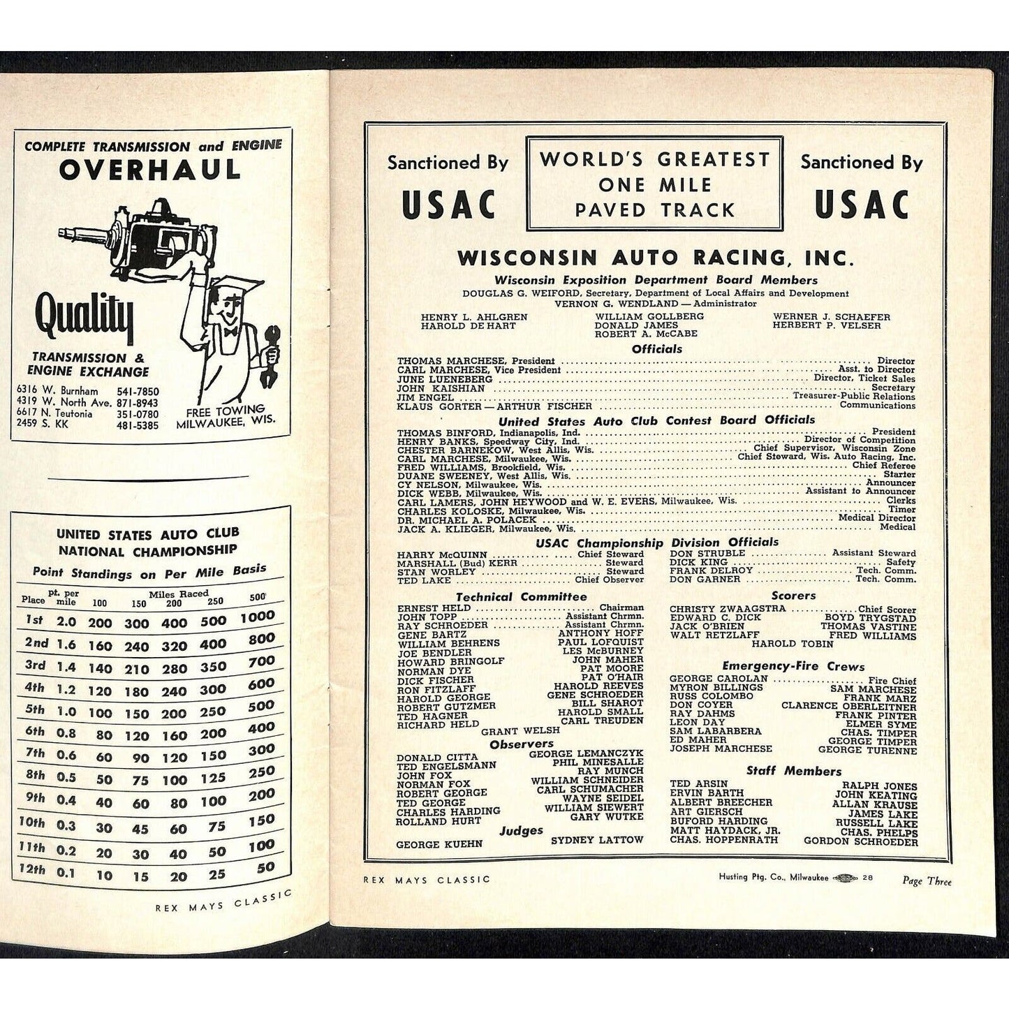 Scarce Jun 9 1968 USAC Rex Mays Classic Auto Racing Program Wisconsin Speedway