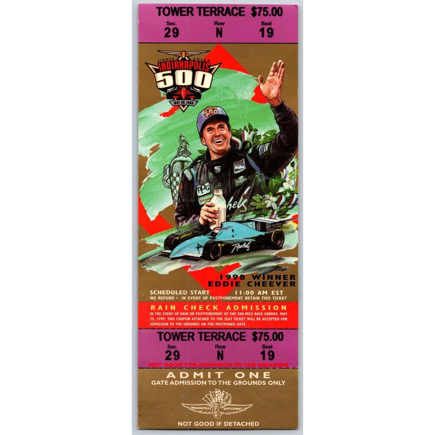 1999 Indy 500 Tower Terrace Full Ticket Seat 19 - Ron Burton Estate