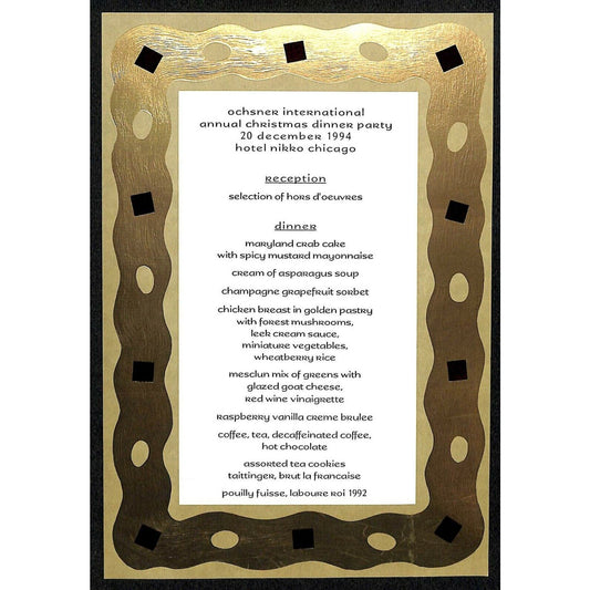 1994 Ochsner Intl. Annual Christmas Dinner Party Menu Card - Hotel Nikko Chicago