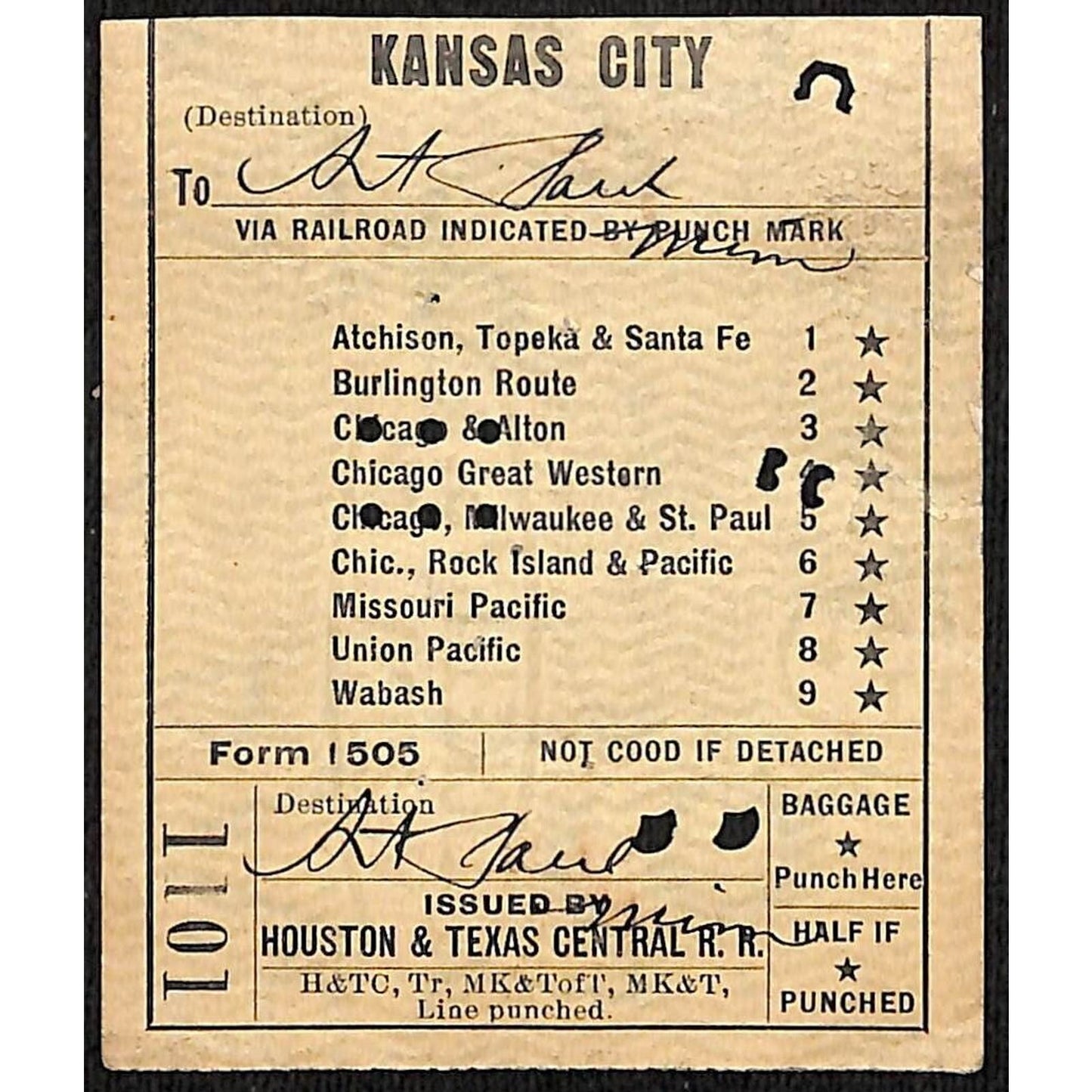 1923 Houston & Texas Central Railroad Ticket to Kansas City #1101