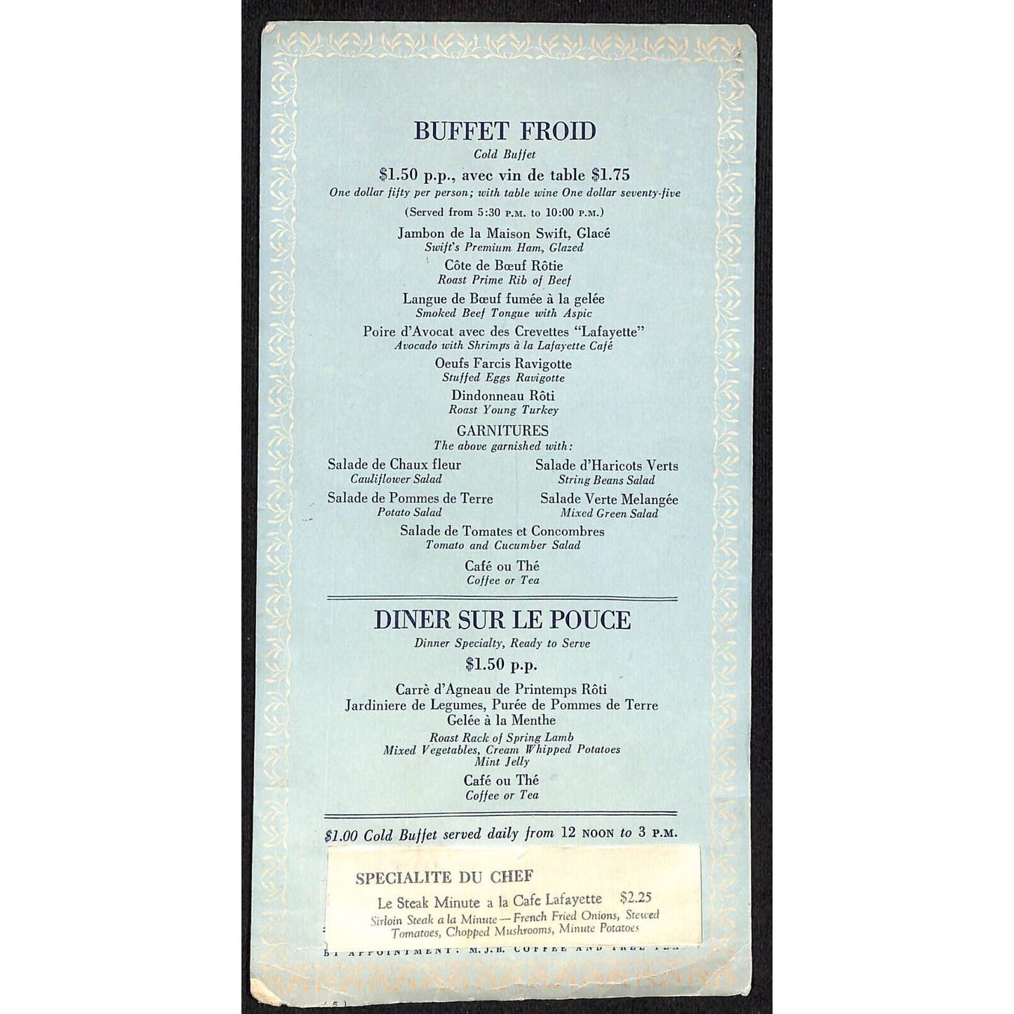Cafe Lafayette? Buffet Froid / Cold Buffet Menu Card c1930's-40's ?
