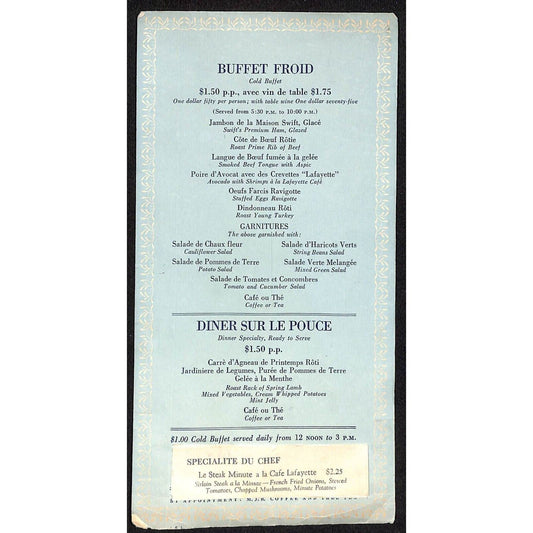 Cafe Lafayette? Buffet Froid / Cold Buffet Menu Card c1930's-40's ?