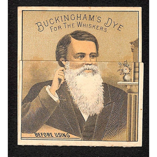 Buckingham Dye "For the Whiskers" Victorian Trade Card w/ Flip-Down Panel