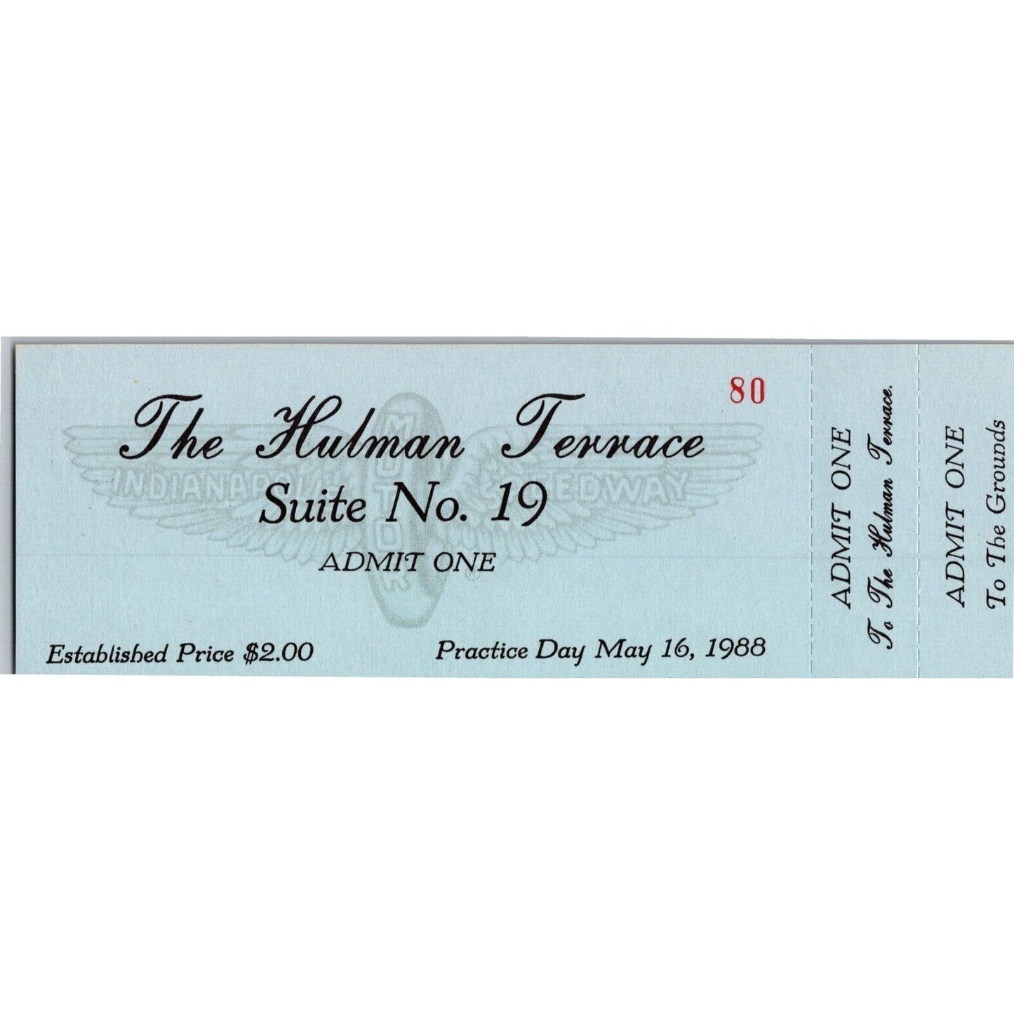 1988 Indy 500 The Hulman Terrace Unused Practice Day Ticket Indianapolis IMS #80