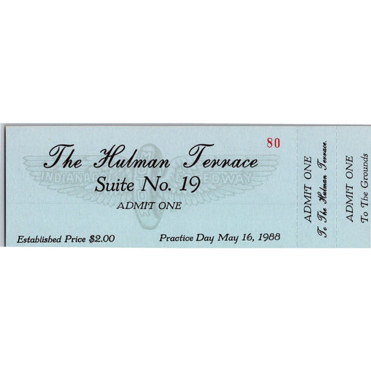 1988 Indy 500 The Hulman Terrace Unused Practice Day Ticket Indianapolis IMS #80