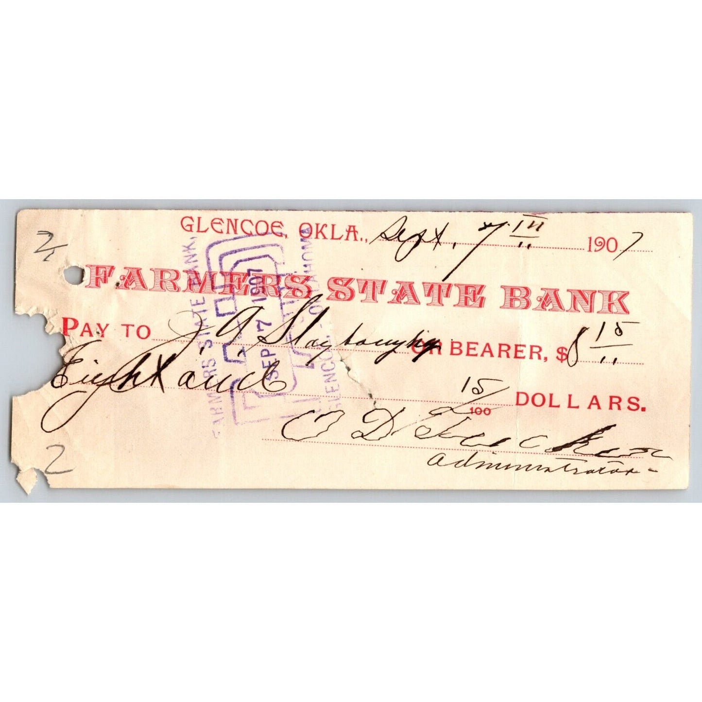 Glencoe, OK 1907 Territorial Farmers State Bank Check