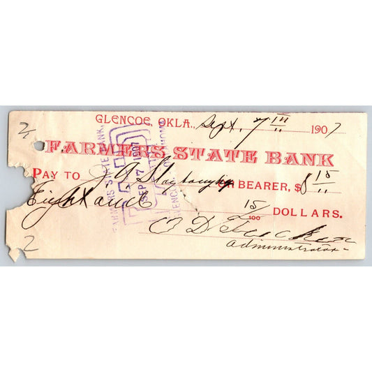 Glencoe, OK 1907 Territorial Farmers State Bank Check