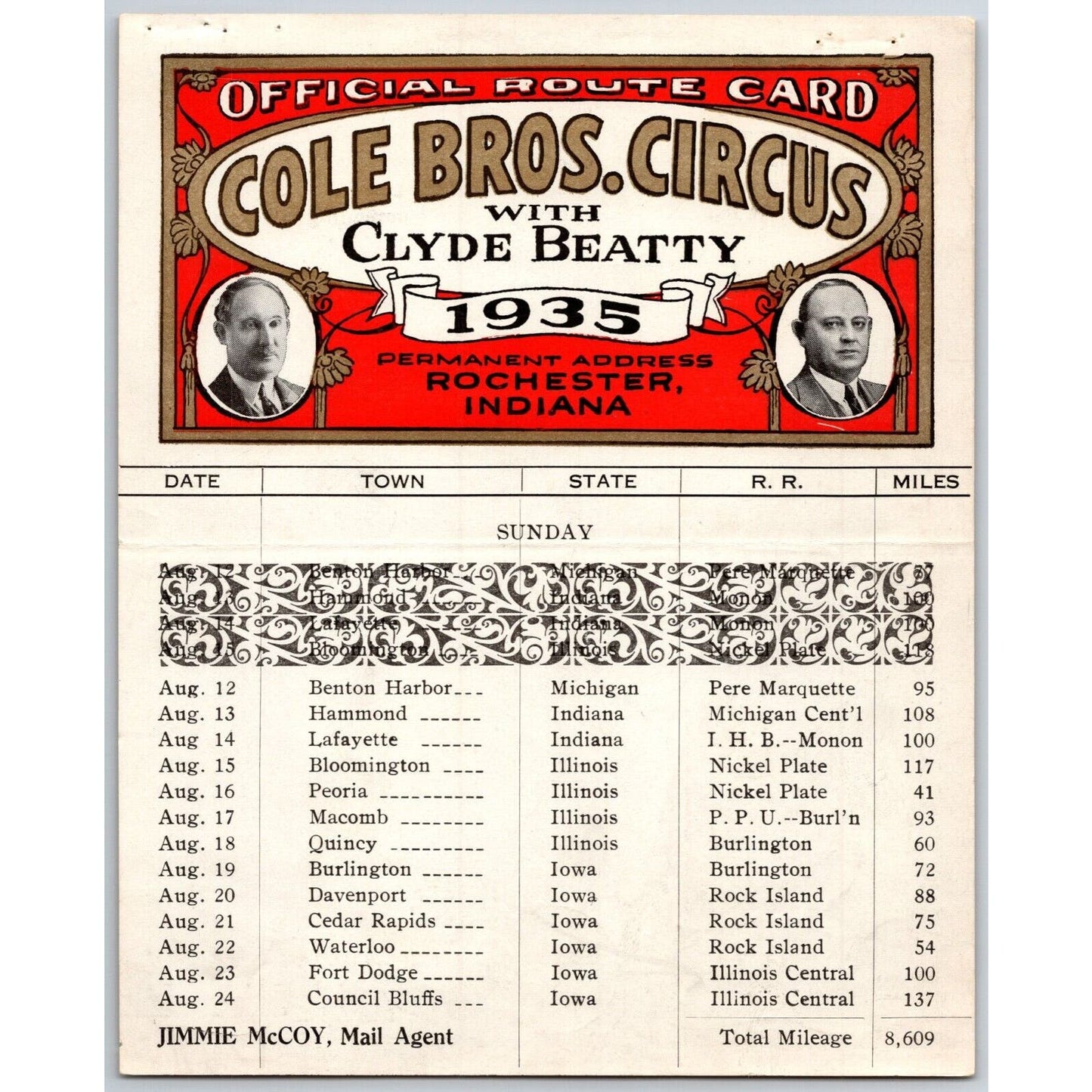 1935 Cole Bros with Clyde Beatty Circus Route Card IN MI IN IL IA