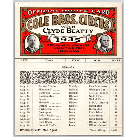 1935 Cole Bros with Clyde Beatty Circus Route Card IN MI IN IL IA