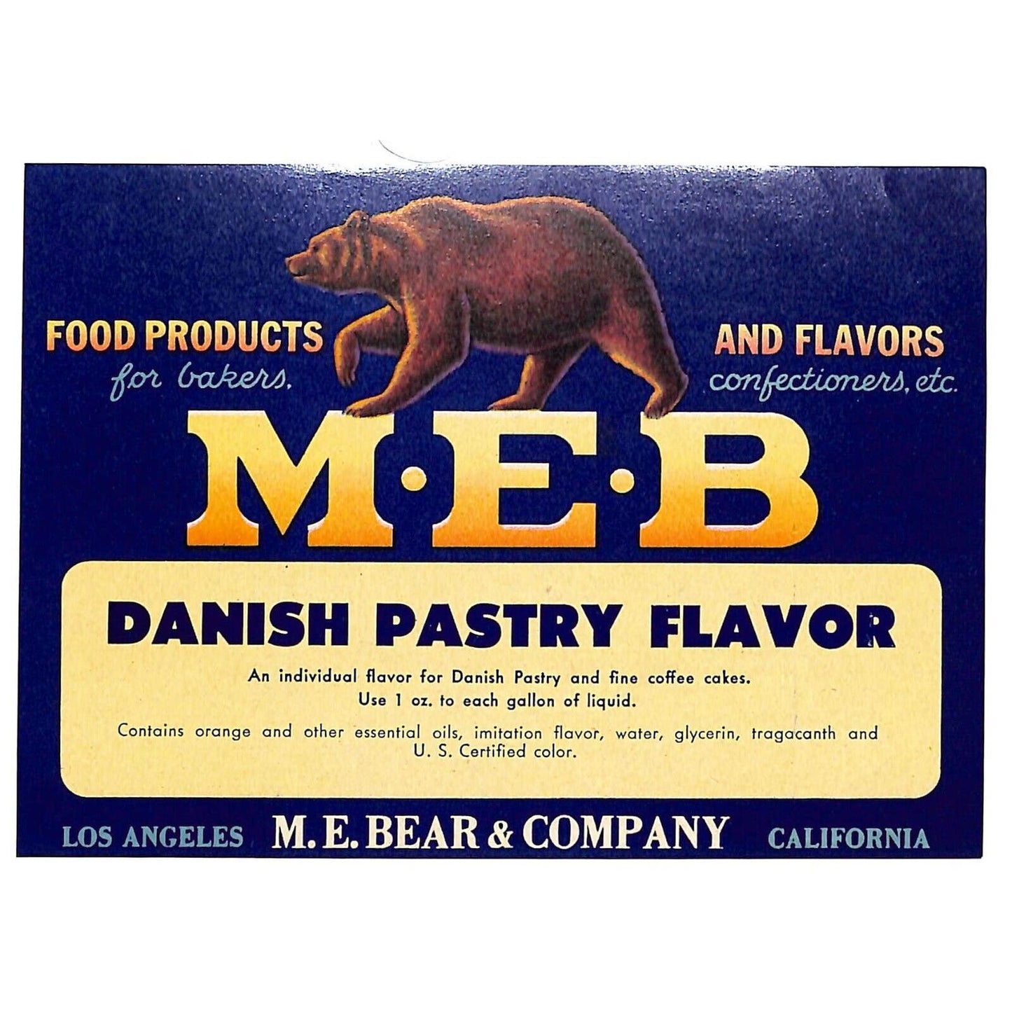 M.E. Bear & Co. Danish Pastry Flavor Paper Label Los Angeles NOS Scarce VGC