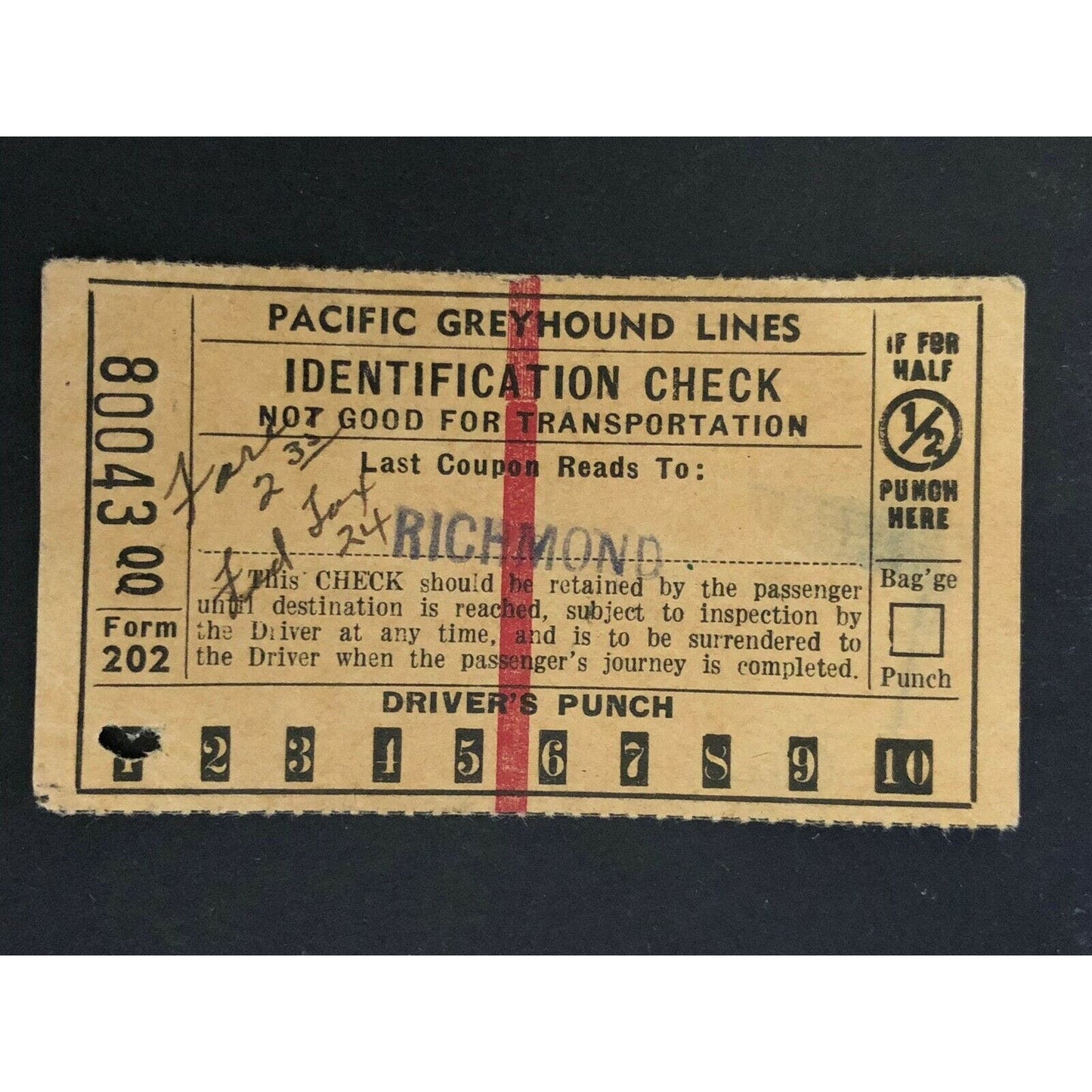 Pacific Greyhound Bus Lines I.D. Check / Ticket "Richmond" 80043 c1945-1955