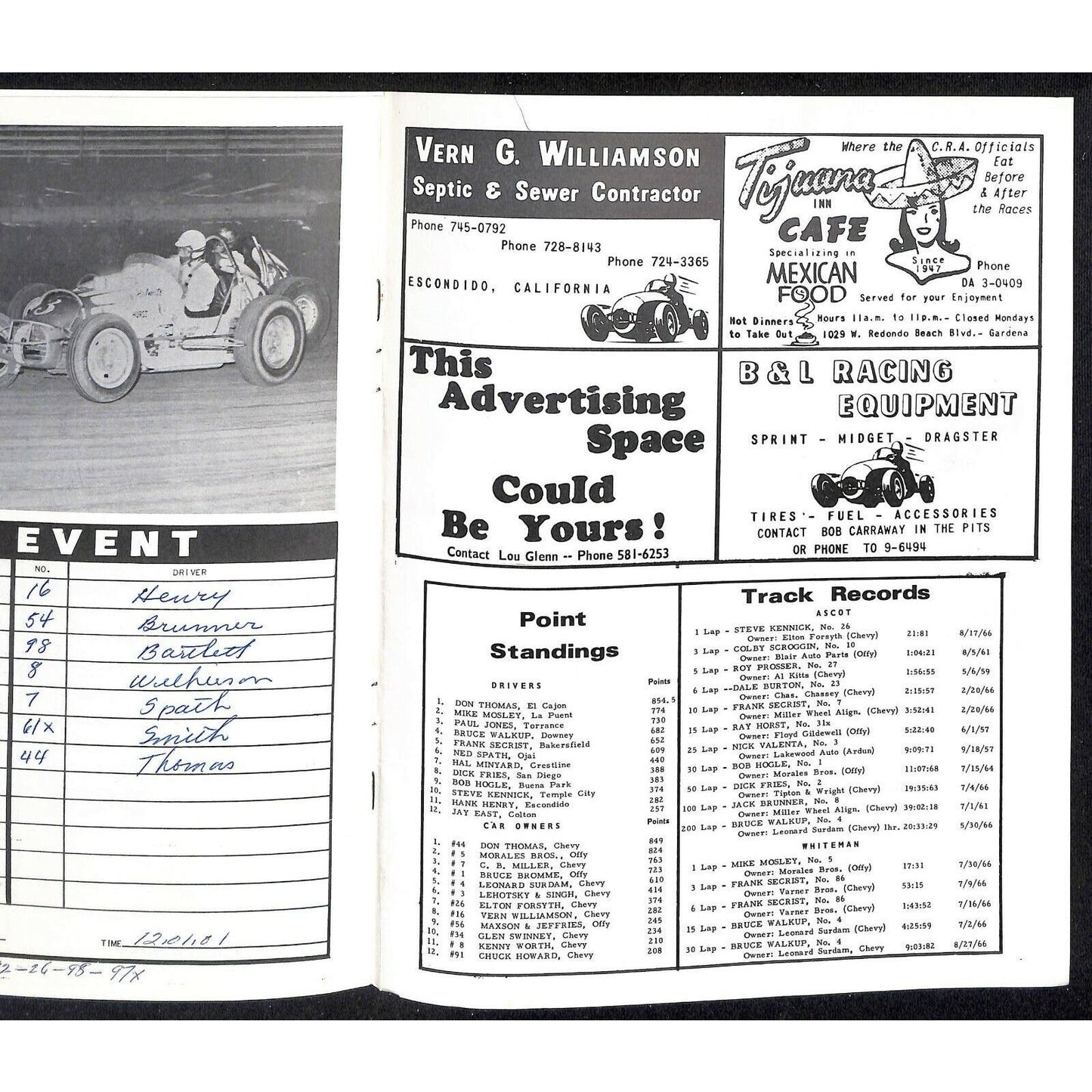 Scarce Oct 2 1966 Sprint Car Auto Racing CRA Program Ascot Park Gardena 12pp.
