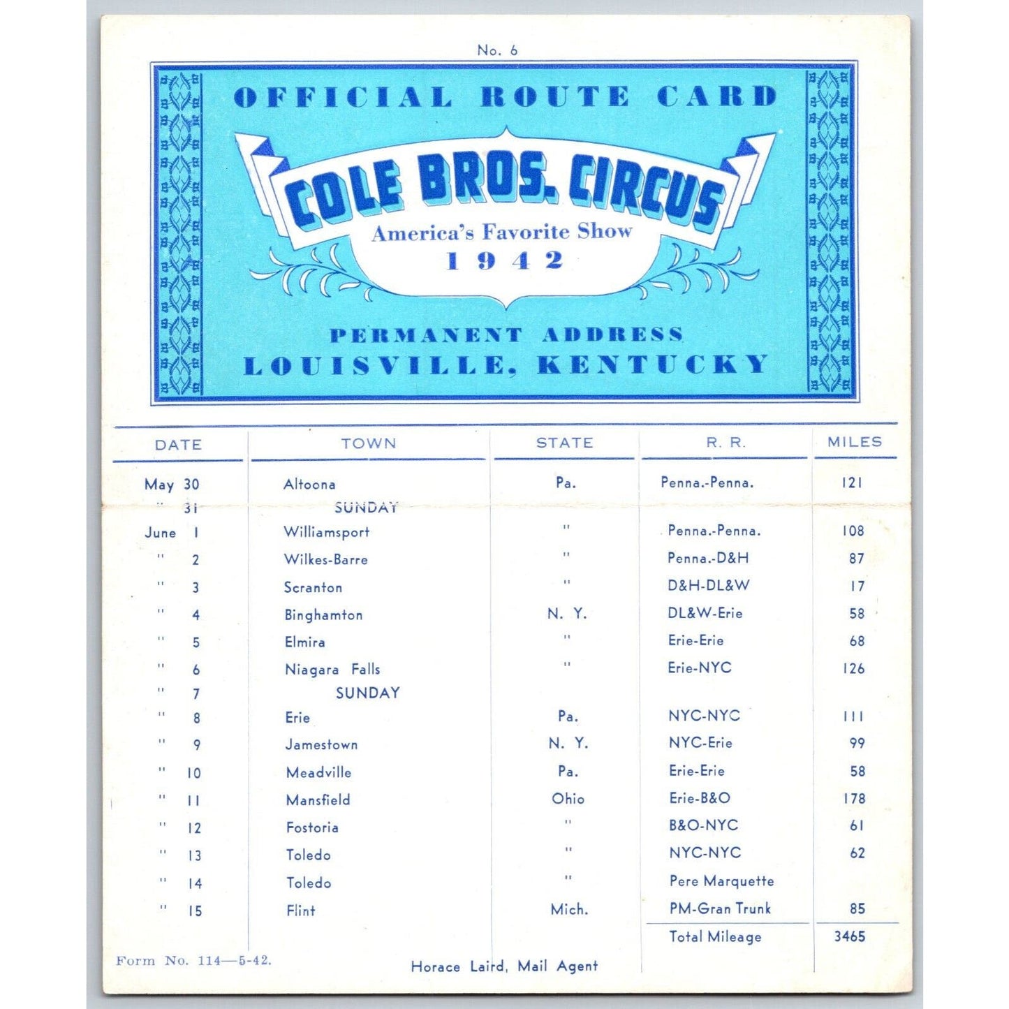 1942 Cole Bros Circus Route Card New York Pennsylvania Ohio Michigan