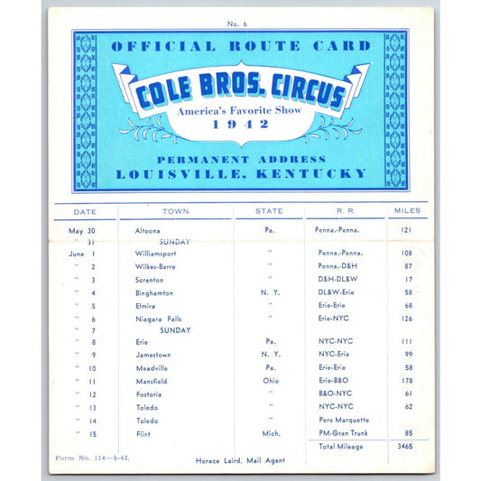 1942 Cole Bros Circus Route Card New York Pennsylvania Ohio Michigan