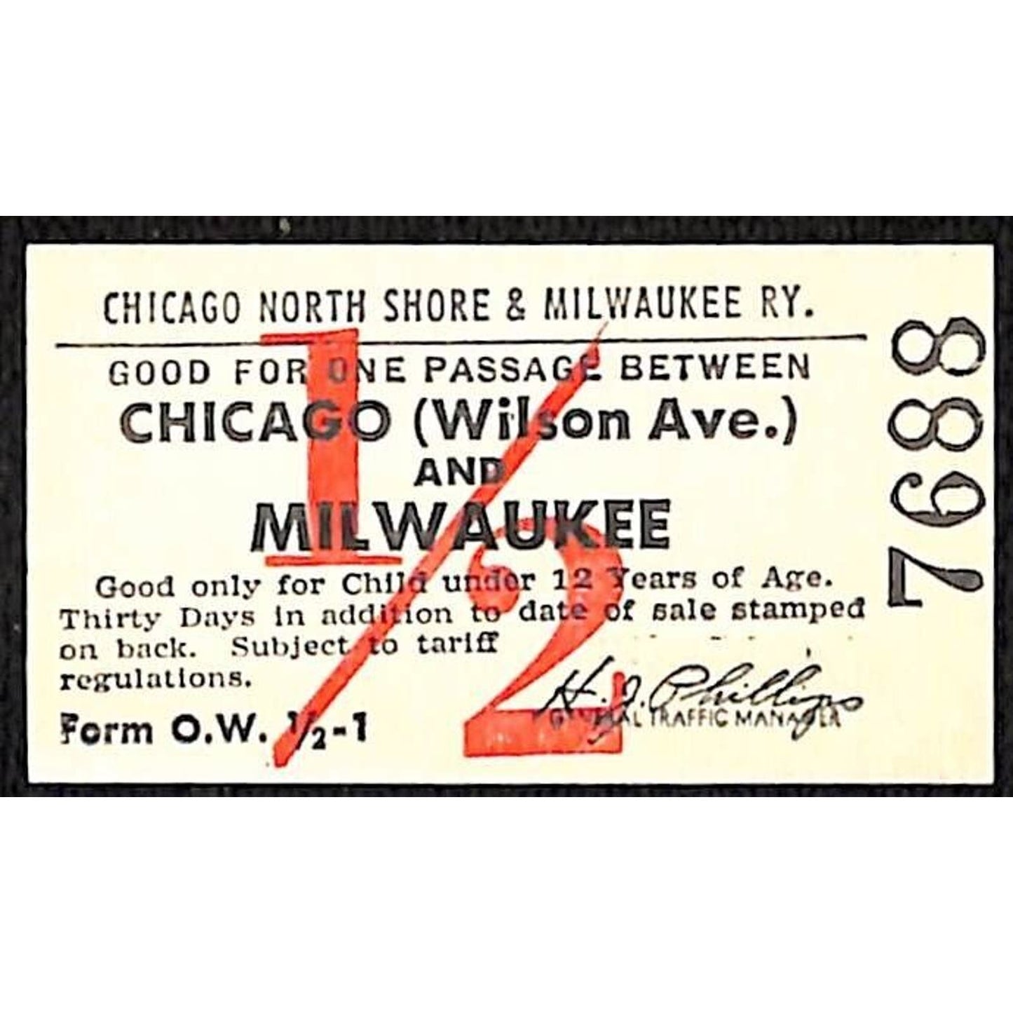 Chicago North Shore & Milwaukee RY 1/2 Fare Ticket c1947-50's #7688