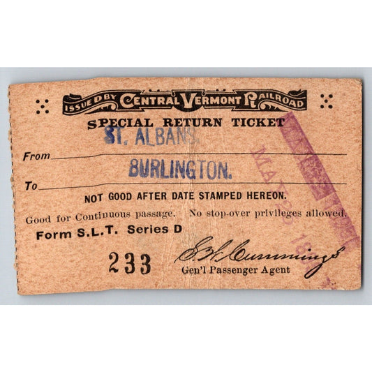 Central Vermont Railroad 1895 Special Return Ticket St. Albans, VT #233