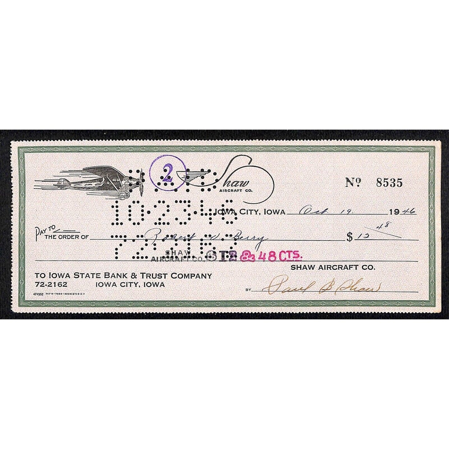 Iowa City, IA "Shaw Aircraft Co." 1946 Bank Check - w/ Flying Prop Plane Art