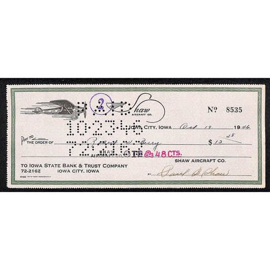 Iowa City, IA "Shaw Aircraft Co." 1946 Bank Check - w/ Flying Prop Plane Art