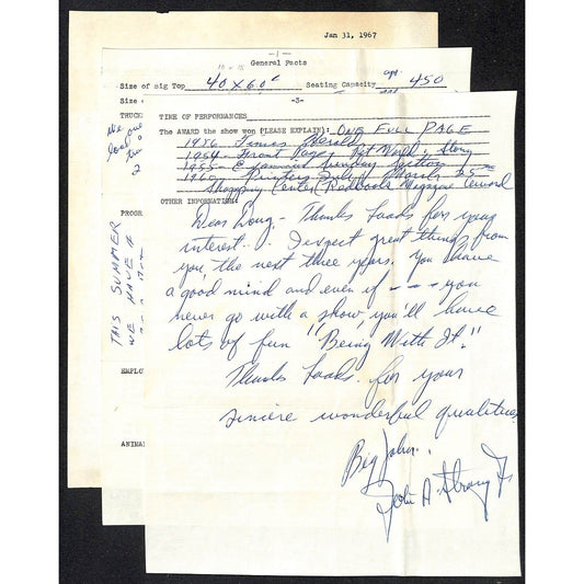 Big John Strong Employment Application? History Circus Letterhead c1967 3 Sheets