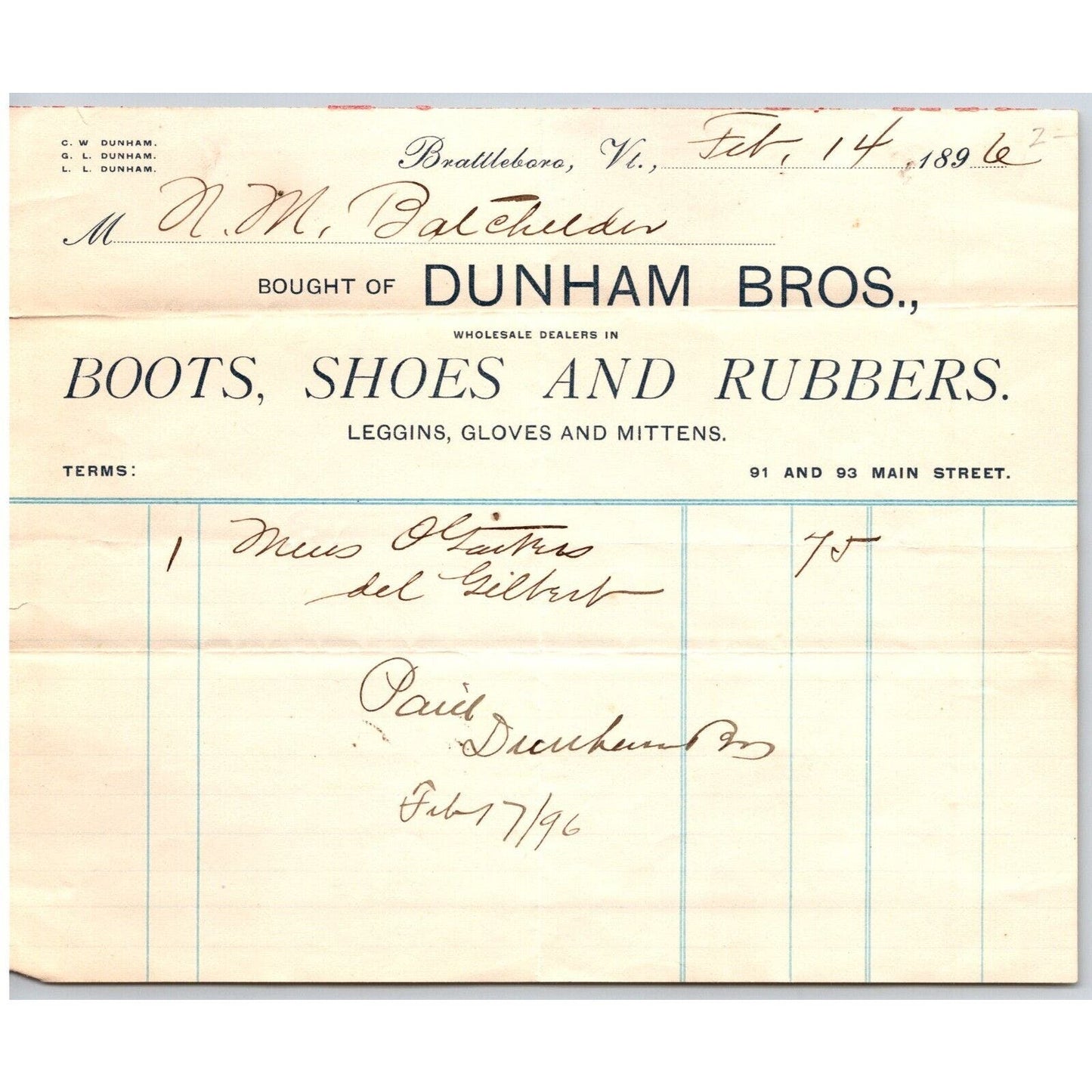 Brattleboro, VT Dunham Bros. - Boots Shoes Rubbers Leggins Gloves 1896 Billhead