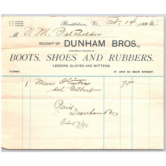 Brattleboro, VT Dunham Bros. - Boots Shoes Rubbers Leggins Gloves 1896 Billhead