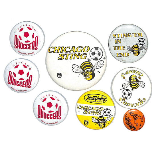 Group of 8 Vintage c1980's Chicago Sting Soccer Shoccers Pinback Buttons