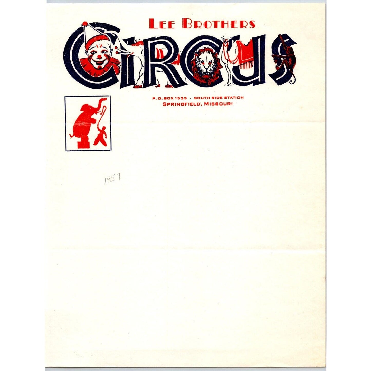 Lee Brothers Circus Letterhead Springfield, MI c1957 Large Thermography Text