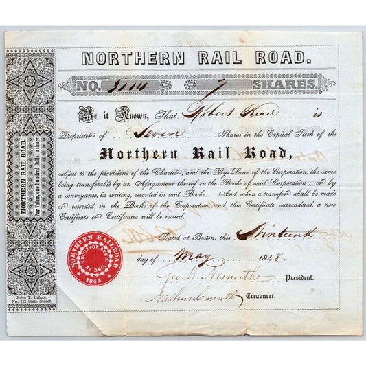 1848 Boston, MA Northern Railroad Stock Certificate No. 3414 for Seven Shares