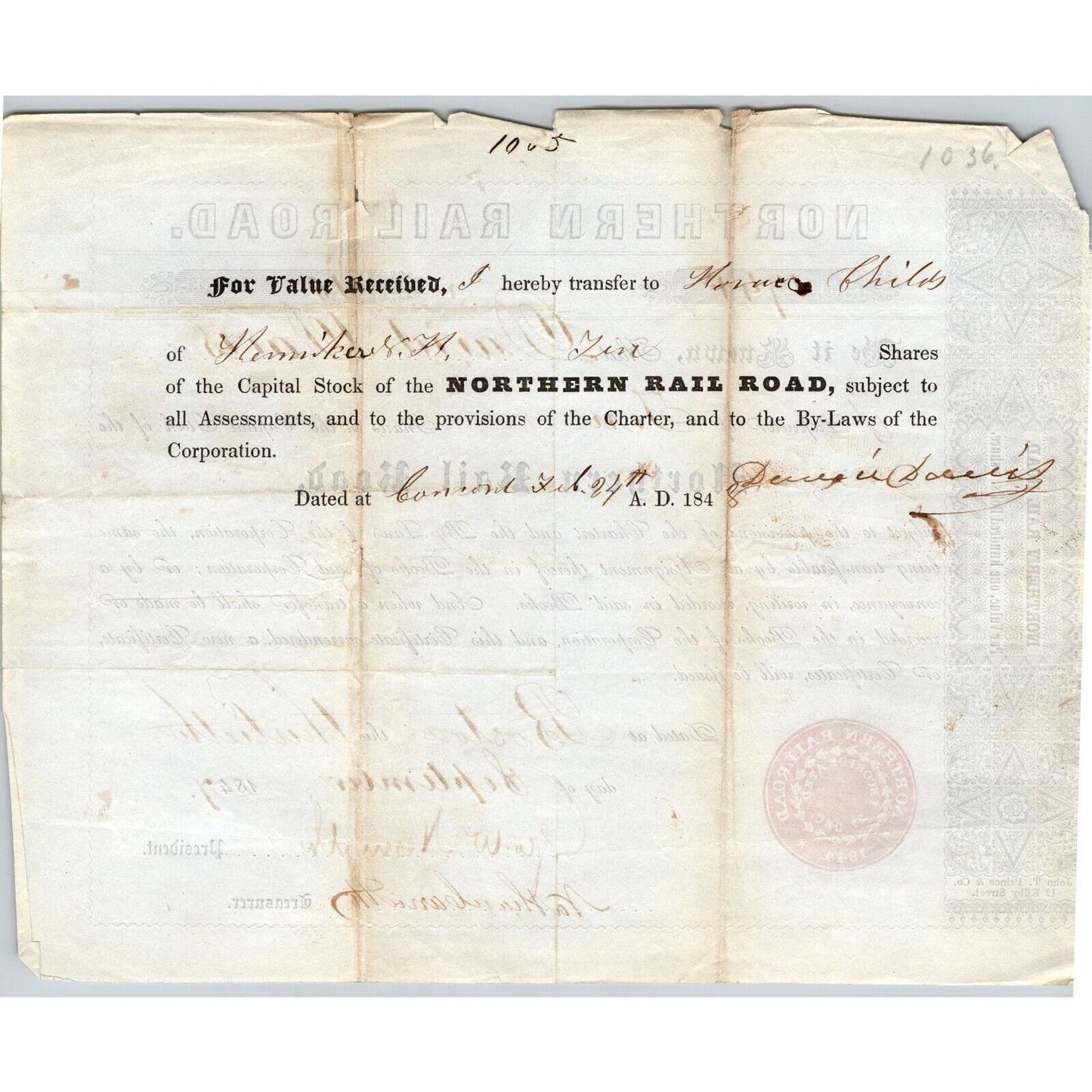 1847 Boston, MA Northern Railroad Stock Certificate No. 4941 for 10 Shares