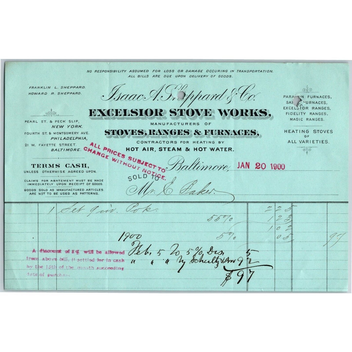 1900 Letterhead Billhead Excelsior Stove Works Baltimore - Ephraim Baker*