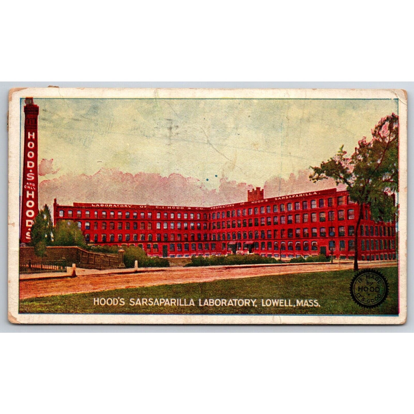 Hood's Sarsaparilla Laboratory Lowell, MA Advertising Postcard PM 1908 VGC