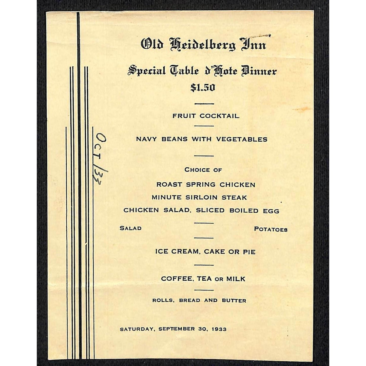 1933 Old Heidelberg Inn Restaurant Special Table d'hote Dinner Menu Card