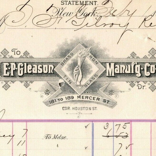 1888 E. P. Gleason Brass Iron Tin Glass Billhead Letterhead Mercer St. NYC