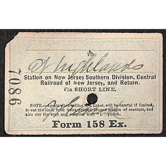 New York & Long Branch Railroad 1896 Ticket North Asbury Park AC Highlands #7086
