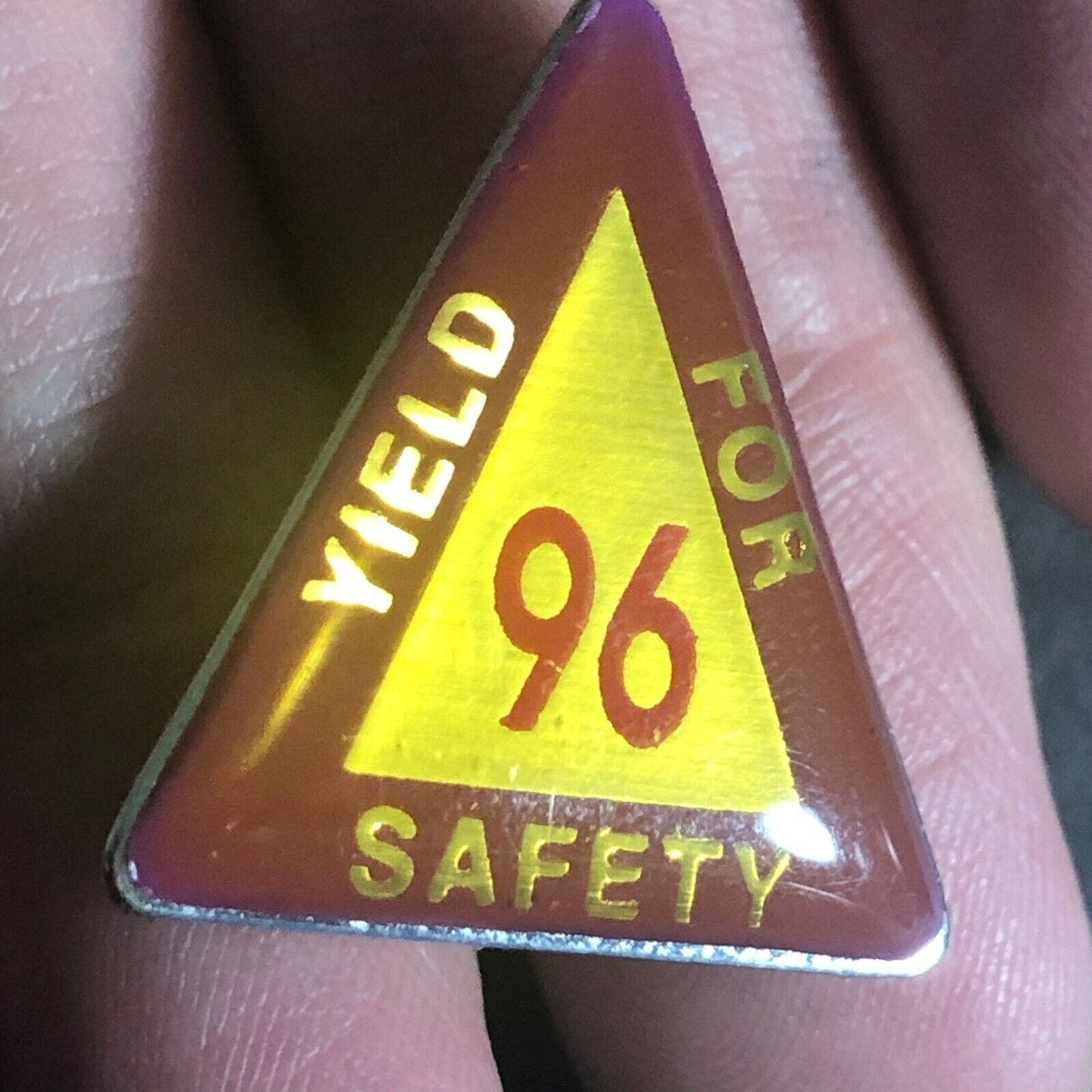 Scarce Vintage "Yield for Safety 96" Triangular Lapel Hat Pin ARCO ? Railroad ?