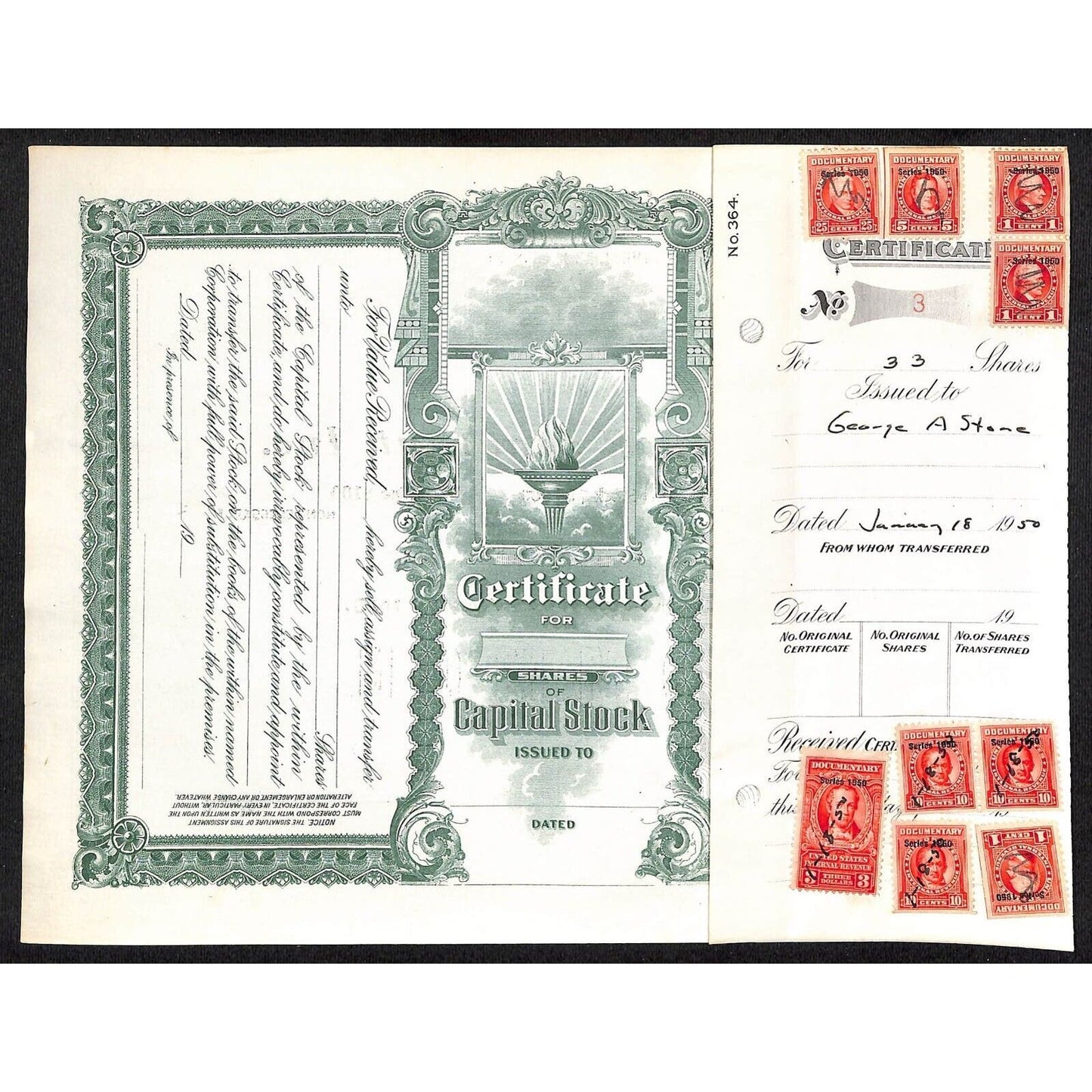 Imperial Restaurant, Inc 1950 Montpelier VT Stock Certificate Tax Stamps Scarce