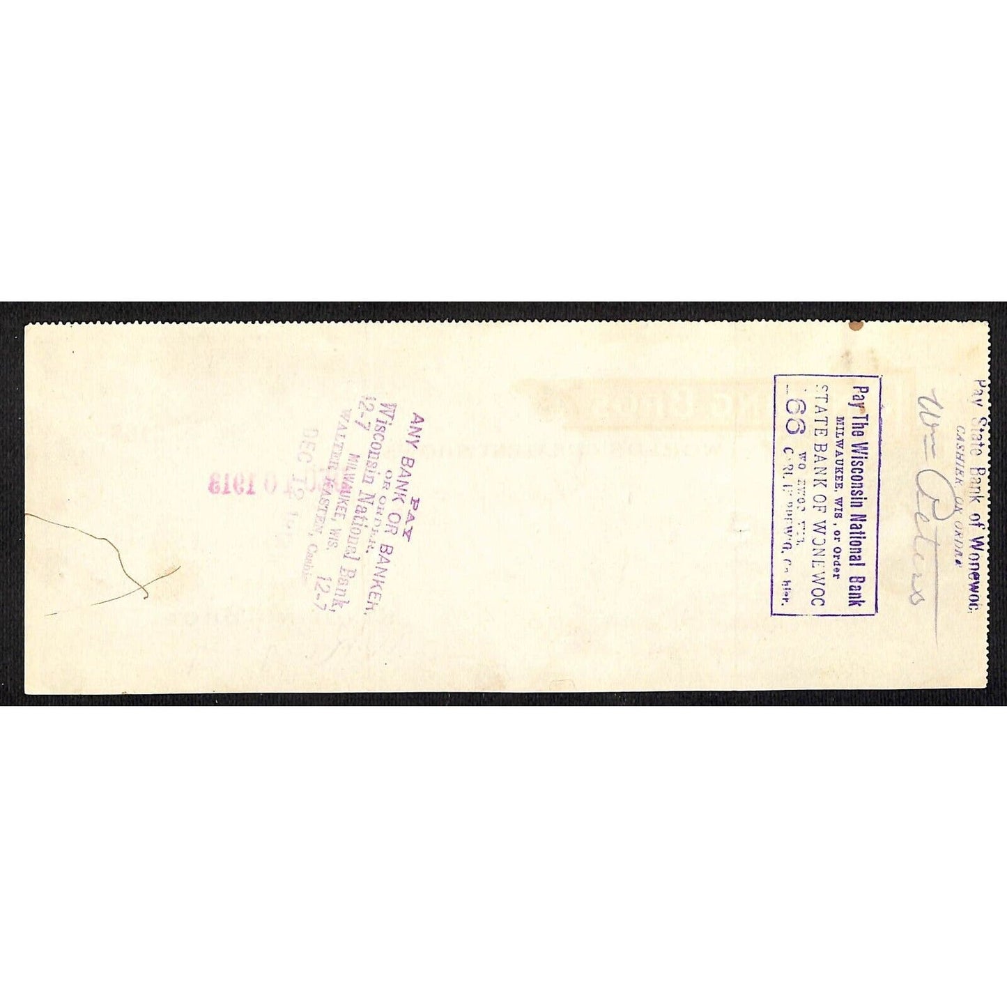 1913 Ringling Bros Bank Check Signed Al Ringling to William Peters (Bill Ketrow)