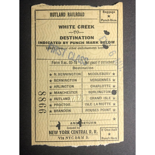 1953 Rutland Railroad / NY Central RR White Creek to Check / Ticket #8866