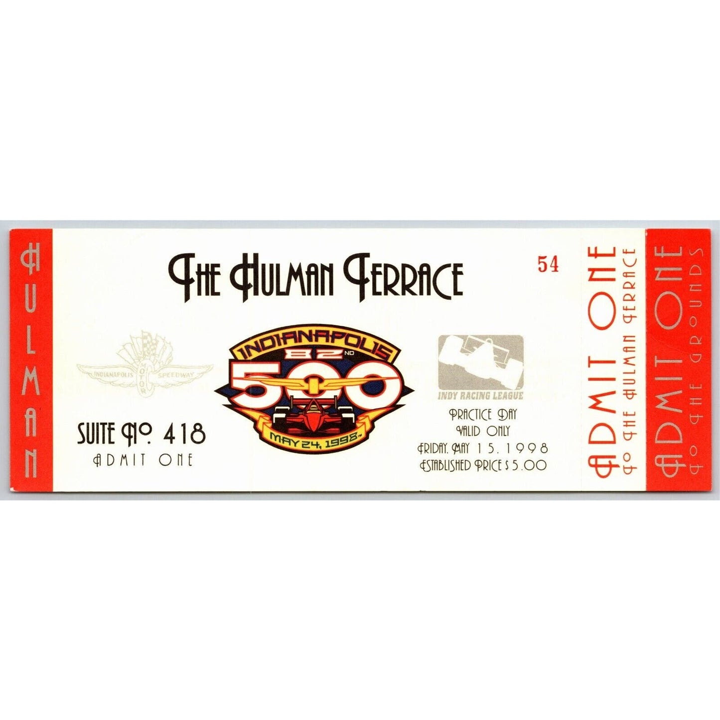 1998 Indy 500 Practice Day Hulman Terrace Unused Ticket Indianapolis #51