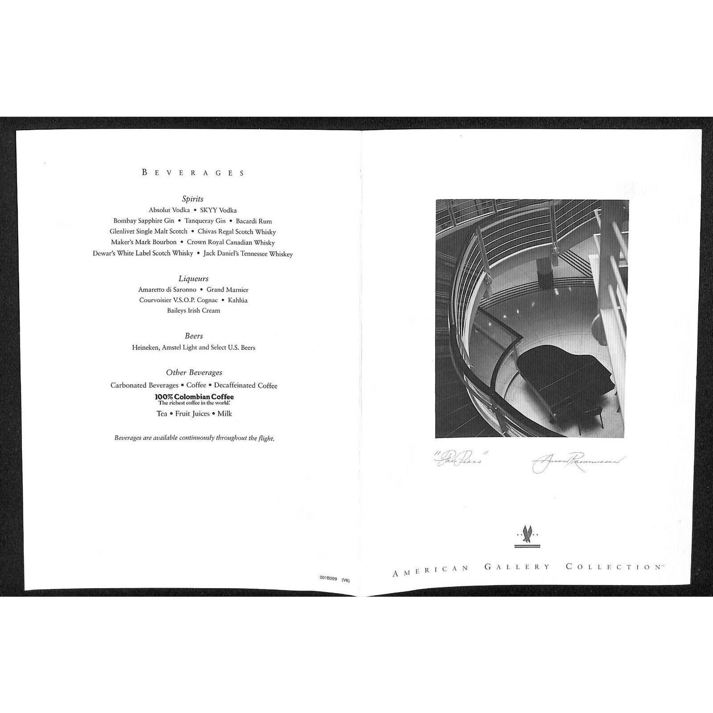 2001 American Airlines First Class Lunch Wine Entrée Menu