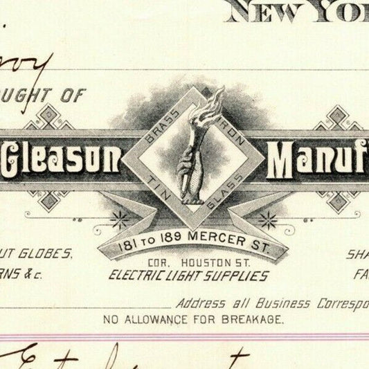 Dec 6 1887 "E. P. Gleason" Cut Glass Globes Billhead Letterhead Mercer St NYC
